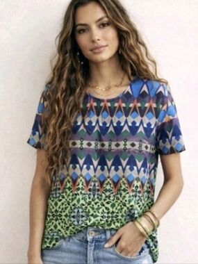 J. Crew 100% Silk Blouse Boho Tribal Print Colorful Geometric Short Sleeve Sz 12